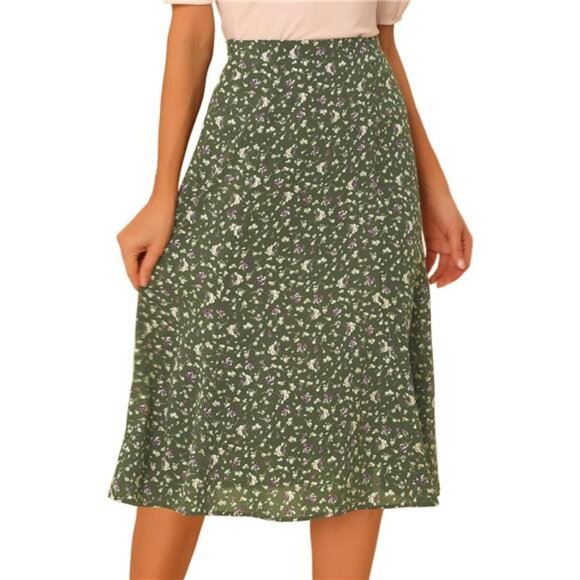 Women's Floral Midi Skirt Peasant Elastic Waist A-Line Ditsy Leave Print Skirts - Picture 1 of 6